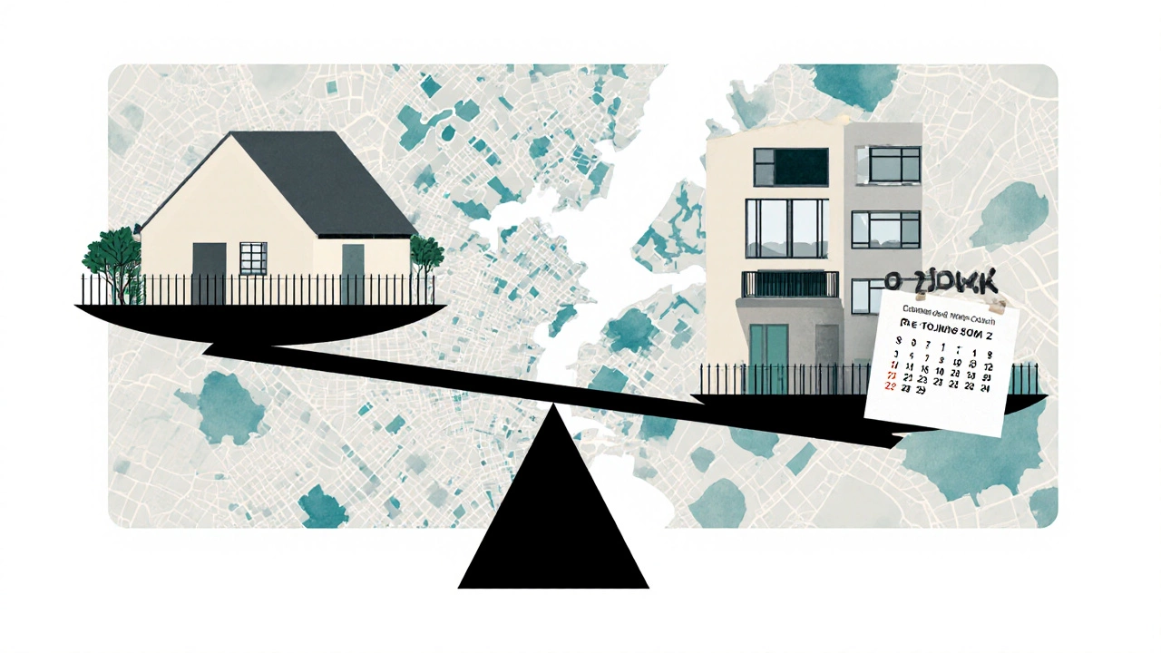 A balanced scale comparing house maintenance costs with condo levies, set against an abstract Auckland urban map.