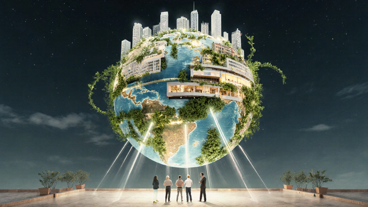 A globe of commercial buildings wrapped in greenery, viewed by diverse professionals.