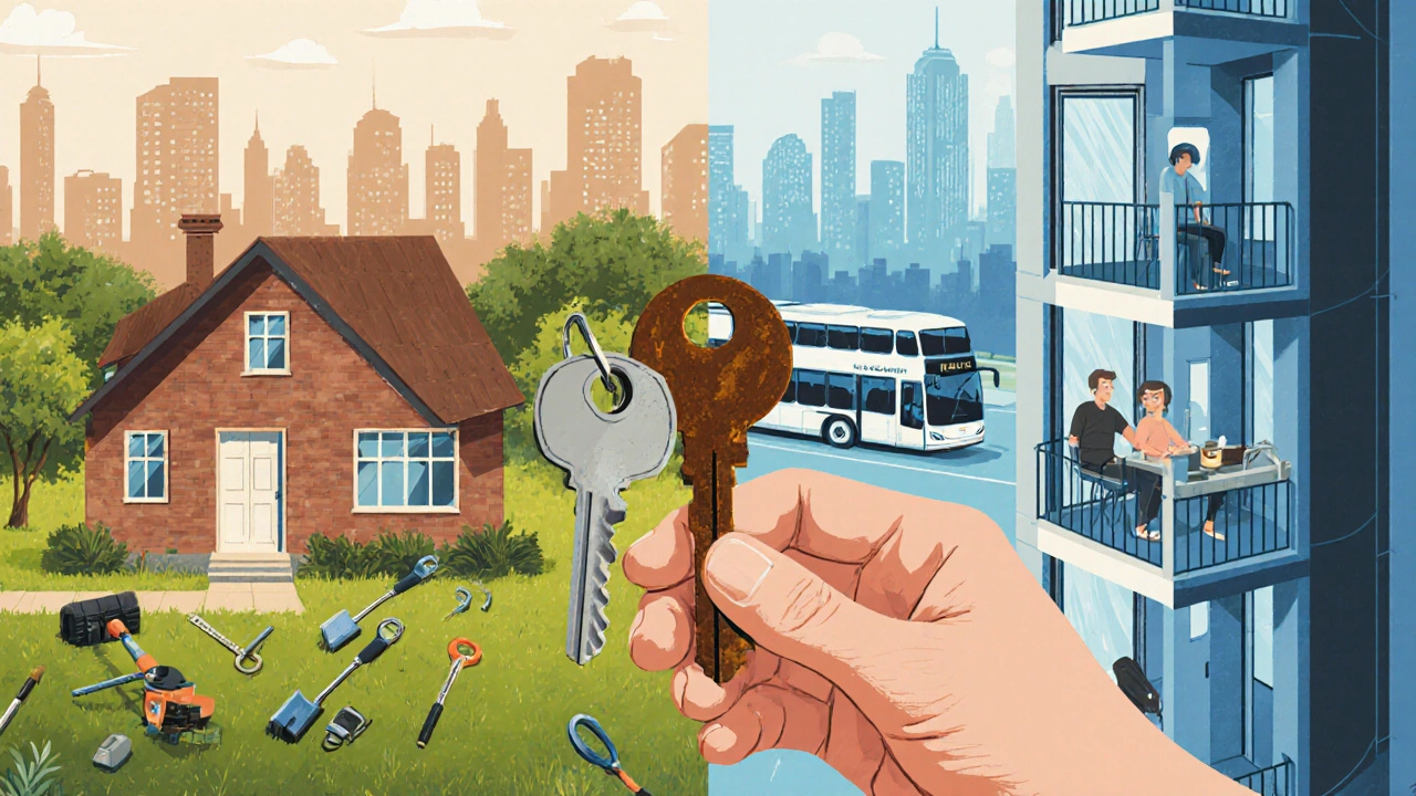 A person holding two keys—one for a house with yard tools, one for a condo with city view—symbolizing lifestyle choices.