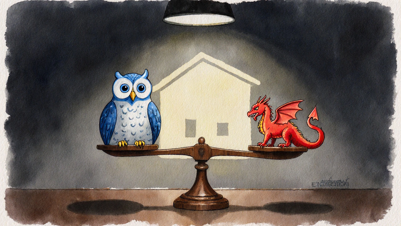 A wooden scale balances an owl and a red dragon with a house silhouette in the background.