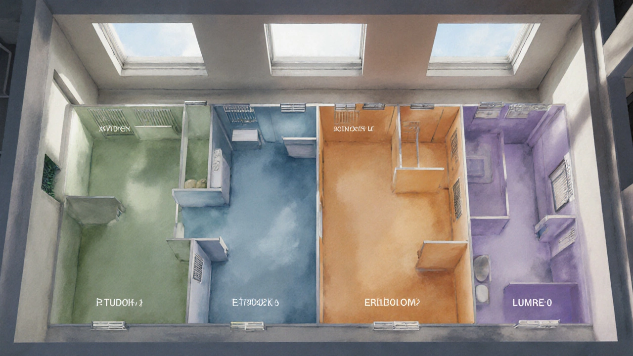 Aerial digital painting showing studio, one‑bedroom, two‑bedroom, and micro‑unit layouts.