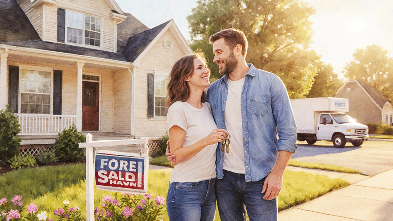 Couple holding keys in front of a modest home, celebrating successful house purchase.