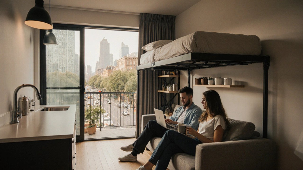 Couple in a 700 sq ft city apartment, working at a wall desk, lounging on a sofa, with a lofted bed visible.