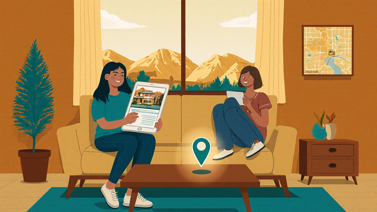 Couple in a Colorado living room watching a virtual home tour on tablets.