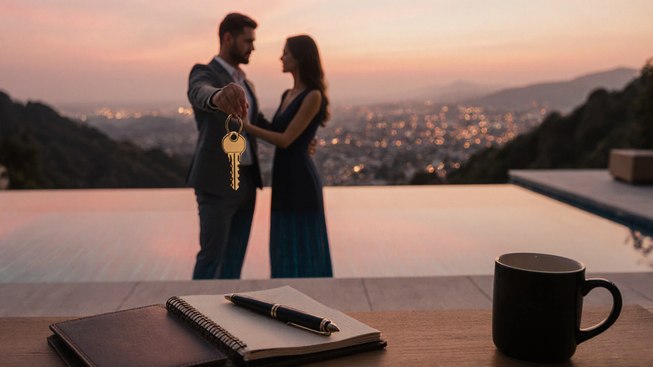Couple on villa balcony at sunset holding keys, with notebook and coffee on nearby table.