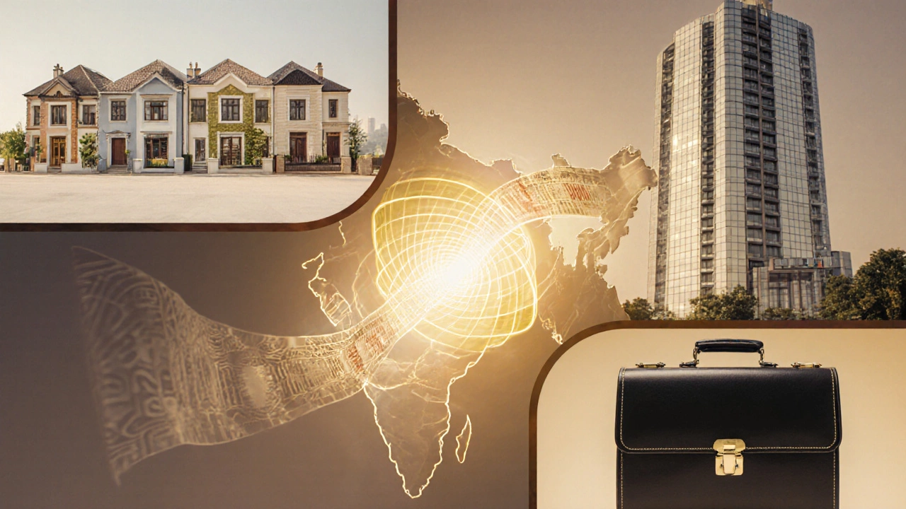 Digital collage of houses, office buildings, stock symbols, and REIT certificates illustrating diversified investment.