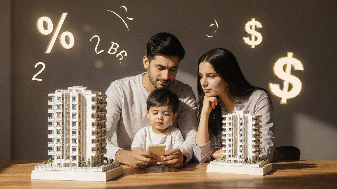 Family at a table reviewing small and large apartment models, with abstract financial symbols around them.