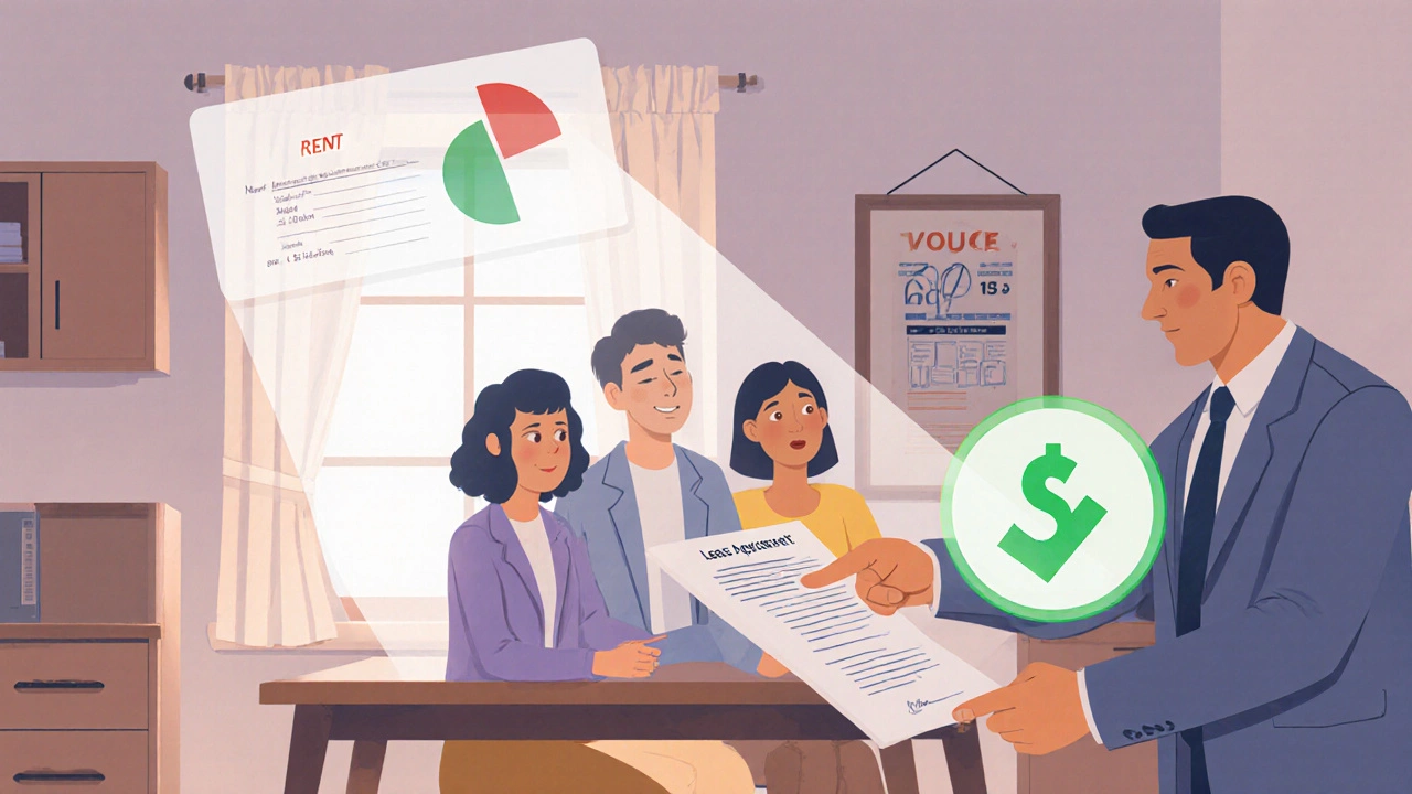 Family discussing lease with landlord, voucher icon indicating subsidy.
