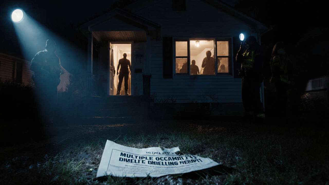 Fire marshals outside an overcrowded home at night, with figures visible through windows.
