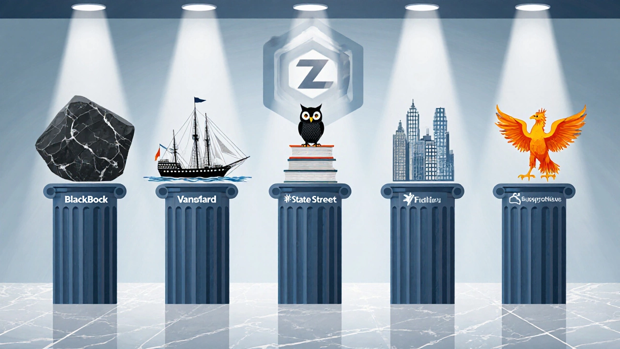 Five abstract pillars symbolizing major institutional investors stand in a modern office setting.