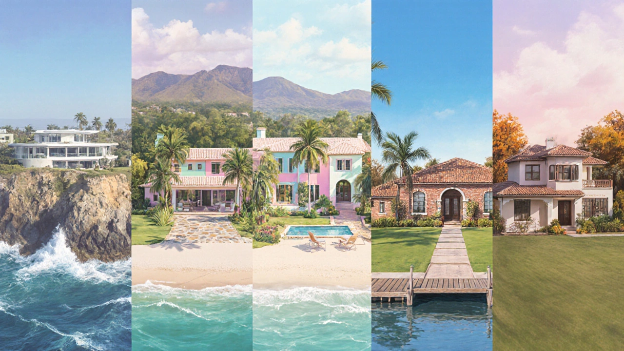 Five regional American villas: California coast, Miami beach, Texas ranch, New York estate, Midwest lake house.