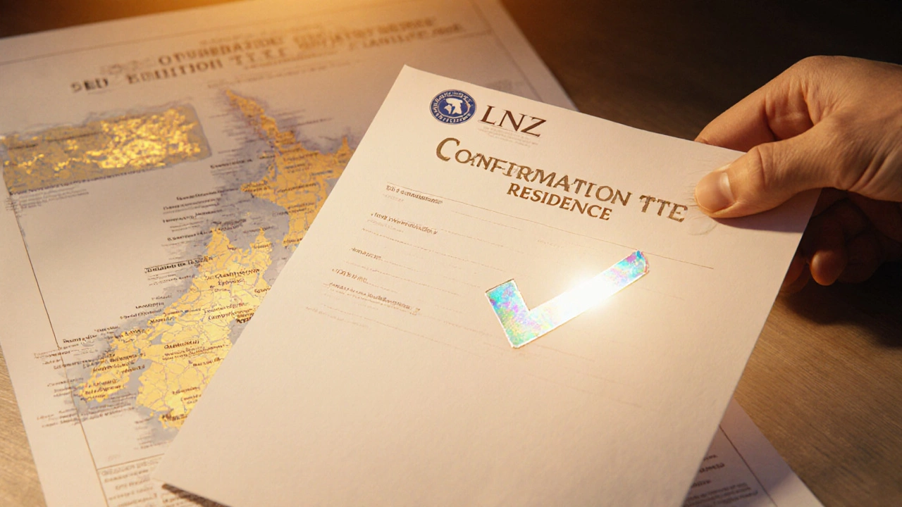 Hand adding proof of residency to a property title with a NZ map background.