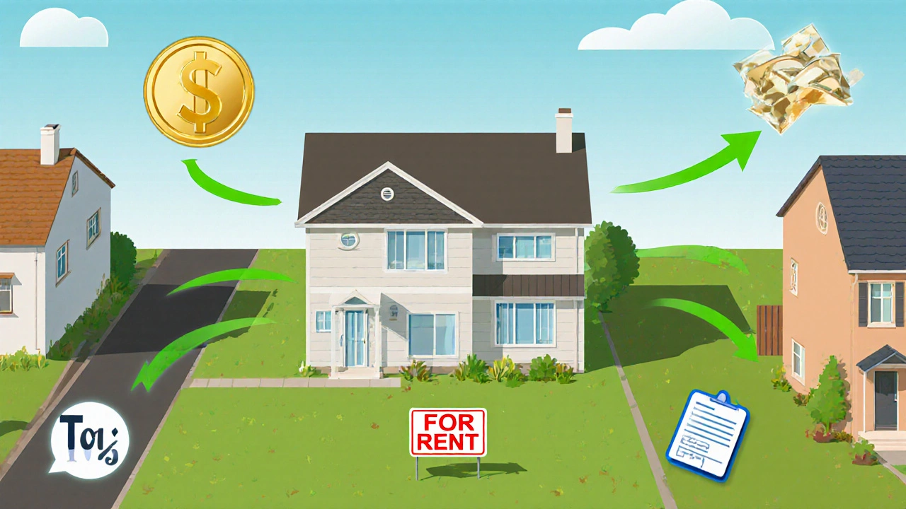 Illustrated suburb showing rental sign, cash flow arrows, and tax documents representing residential income.