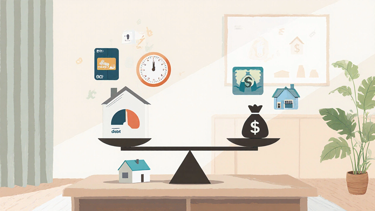 Illustration of a house model balanced against debt icons to depict debt‑to‑income ratio.
