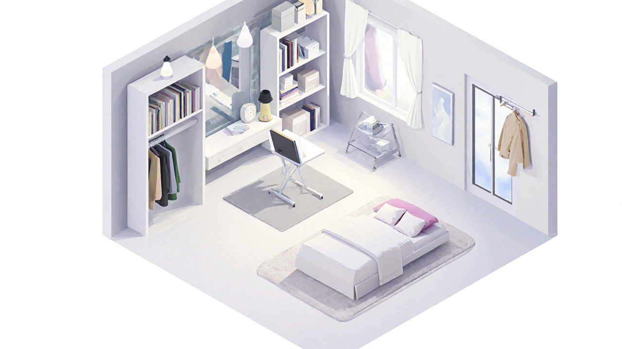 Isometric illustration showing space‑saving hacks: Murphy bed, wall desk, vertical shelves, and rug zoning.
