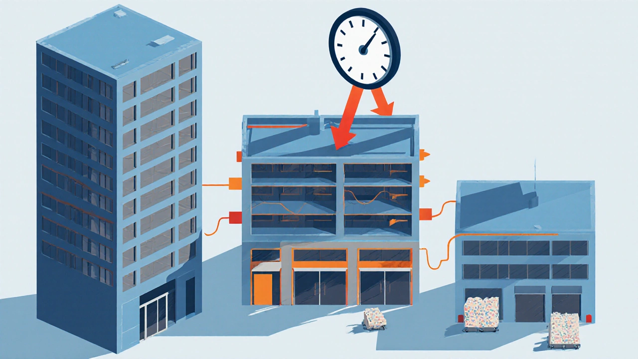 Isometric view of office, retail, and warehouse sections showing empty spaces and rising interest gauge.
