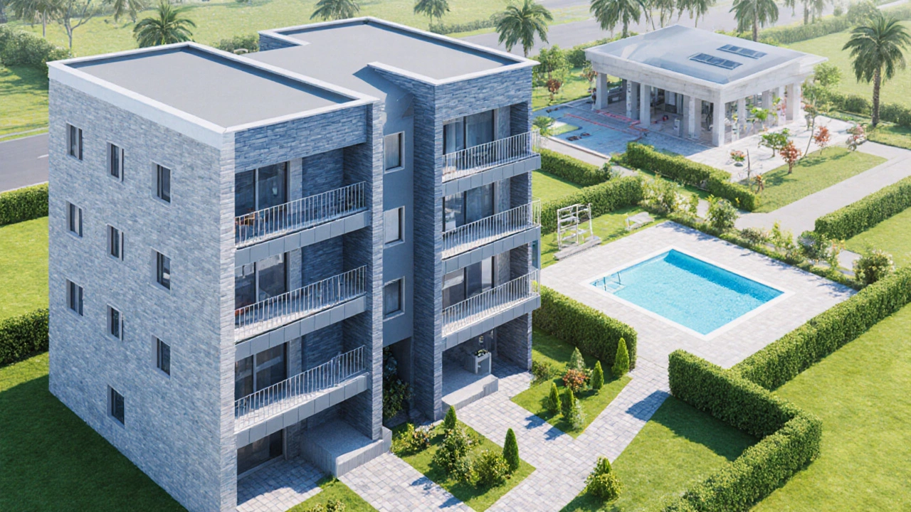 Isometric view of three attached townhouses with shared walls and community amenities.