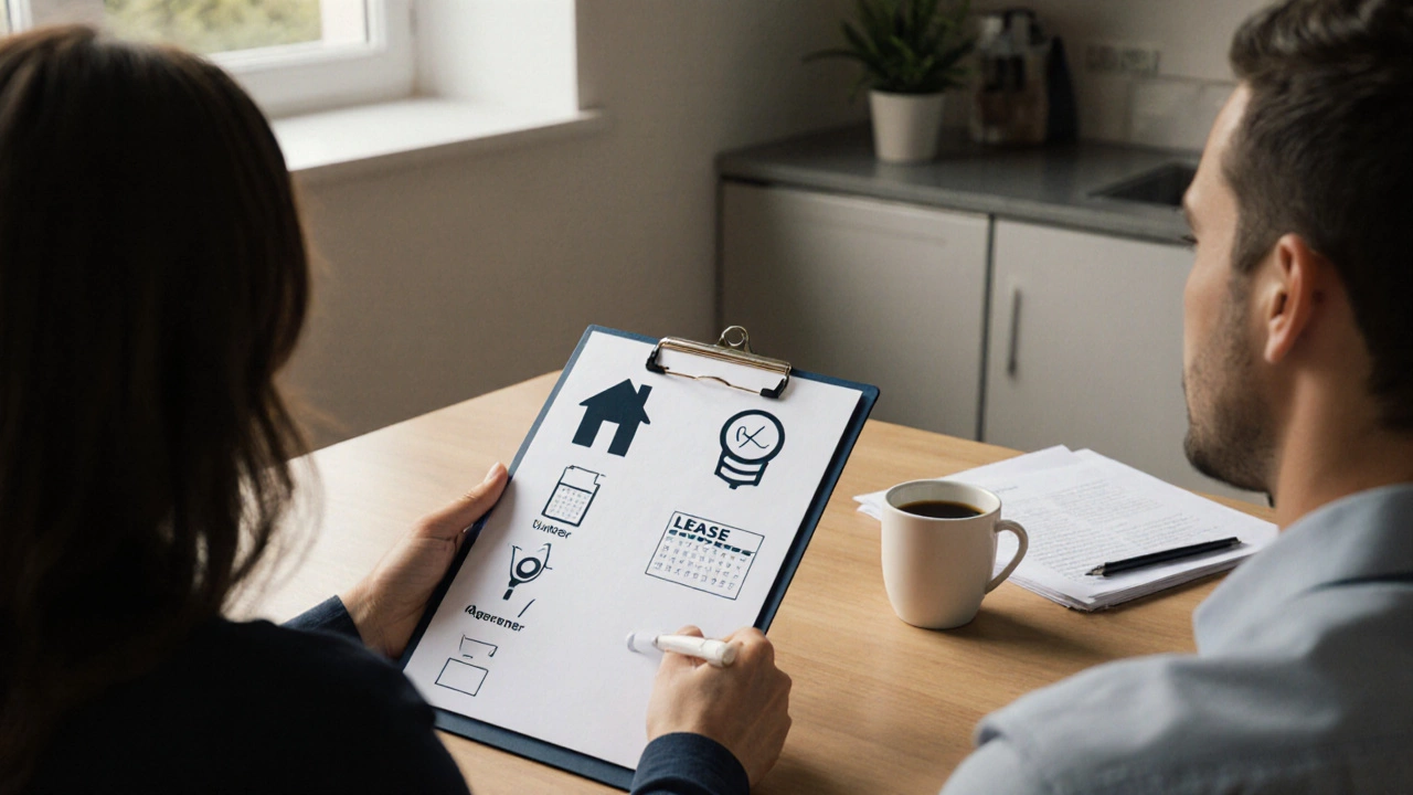 Landlord and tenant review a checklist on a clipboard at a kitchen table with coffee and lease papers.