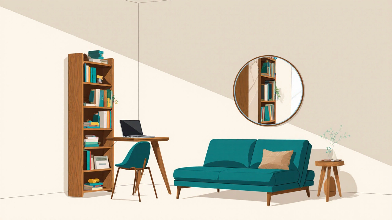 Living area featuring a sofa bed, wall desk, tall bookshelf, and mirror in a small space.