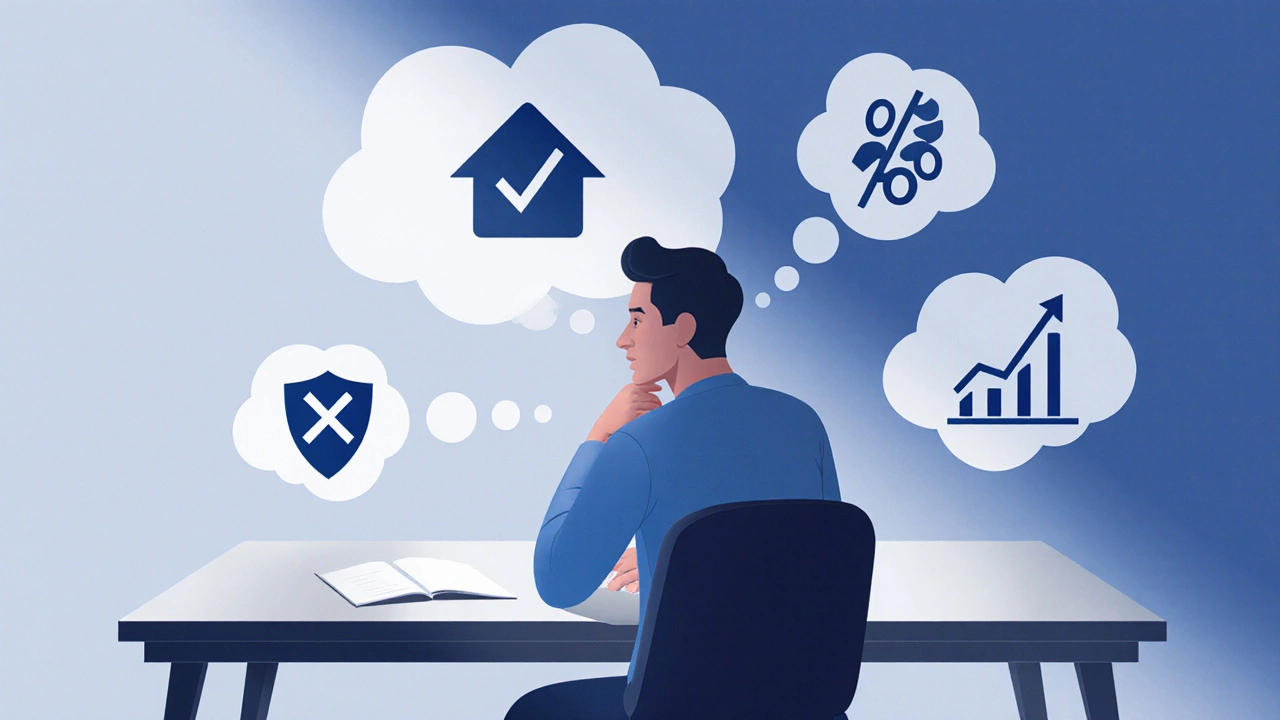 Person at desk surrounded by floating icons for mortgage, appreciation, taxes, and investment.