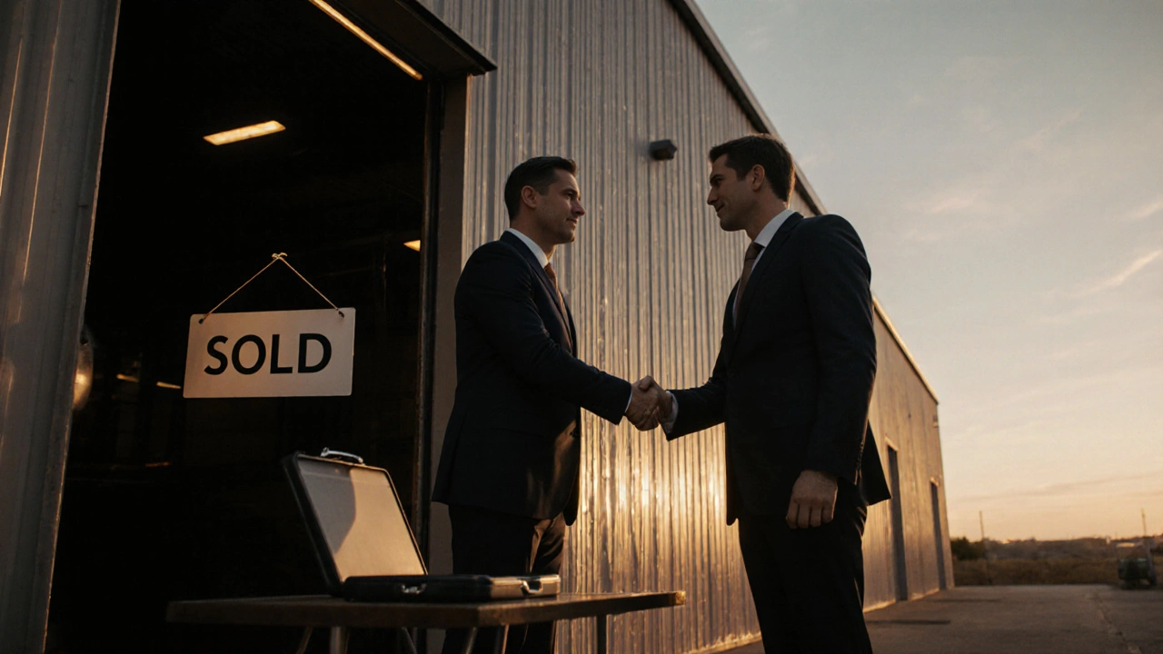 Seller and buyer shaking hands beside a warehouse at sunset after closing the sale.