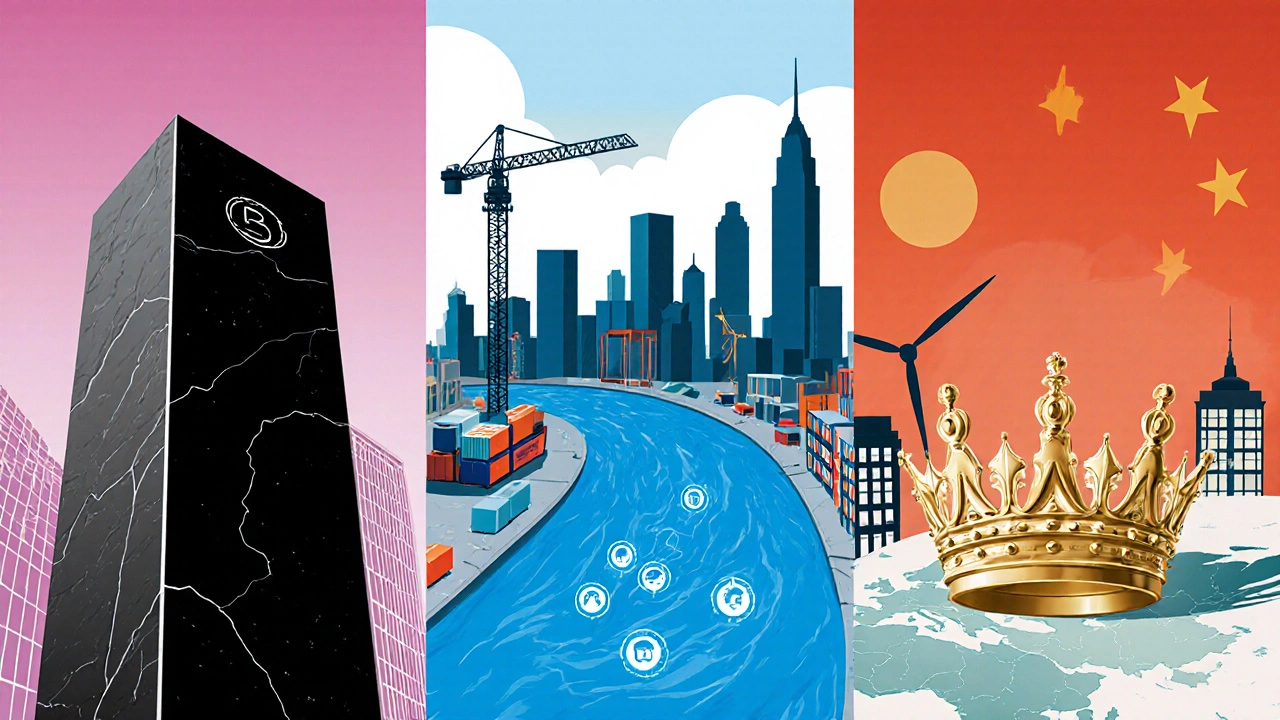 Split illustration of Blackstone, Brookfield, and Crown Estate assets with iconic symbols.