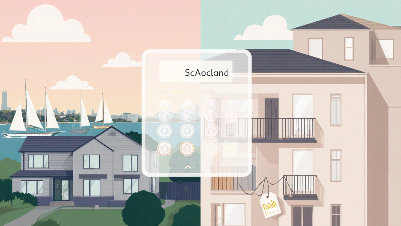 Split scene showing a suburban house near Auckland harbor and an apartment with rent tag.