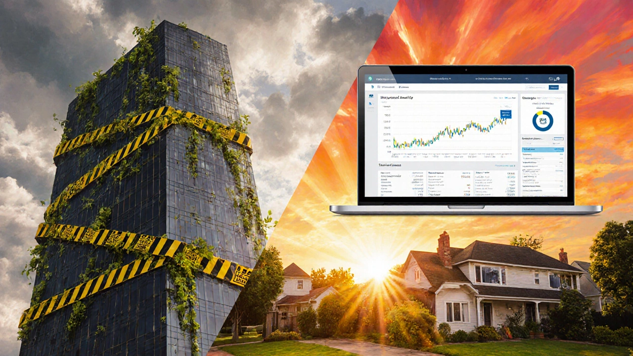 Split scene with a cautioned skyscraper versus bright REIT chart, crowdfunding screen, and house.