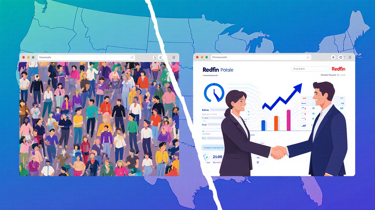 Split‑screen illustration contrasting Zillow&#039;s busy interface with Redfin&#039;s streamlined dashboard and happy agent.