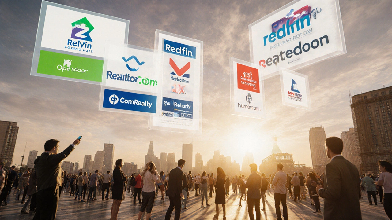 Sunrise plaza with floating screens of various real‑estate platforms and people interacting.