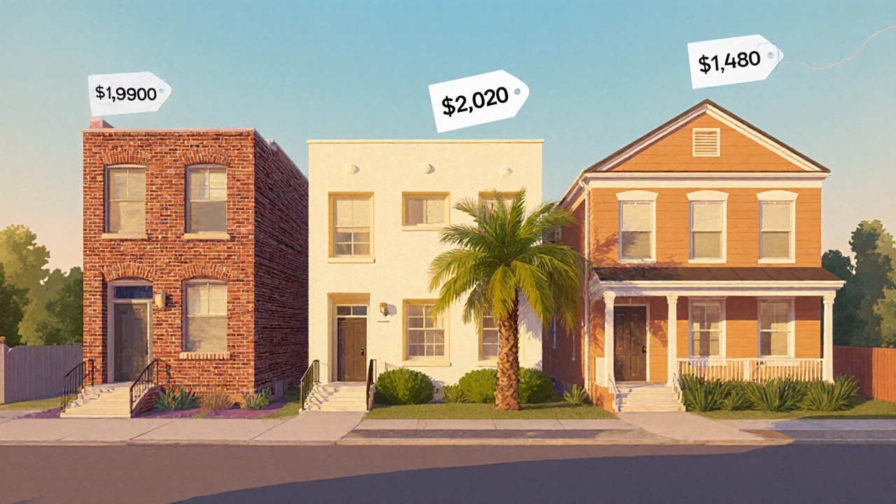 Three rental homes (NY studio, LA duplex, Atlanta townhouse) each show a floating rent amount tag.