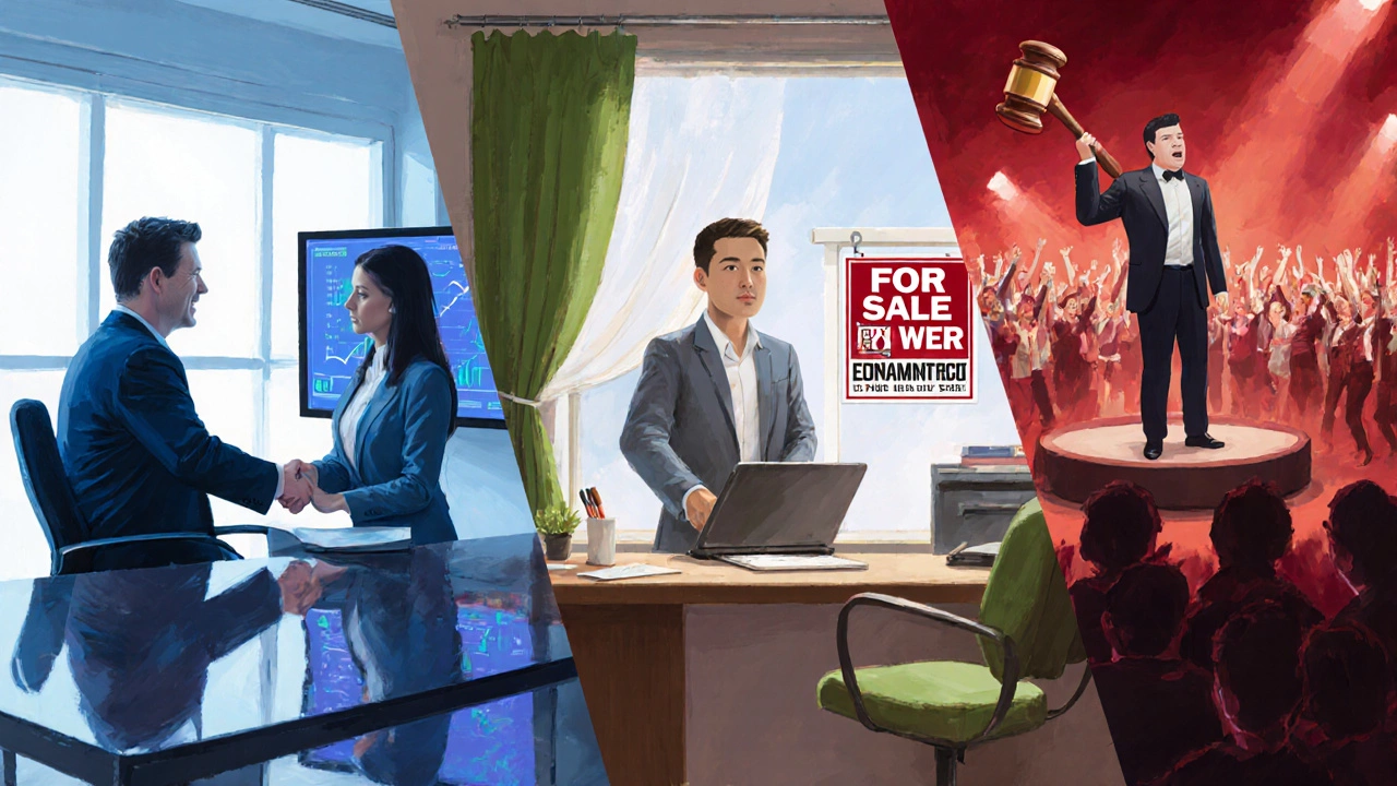 Three scenes showing broker meeting, FSBO at home, and auctioneer on stage.