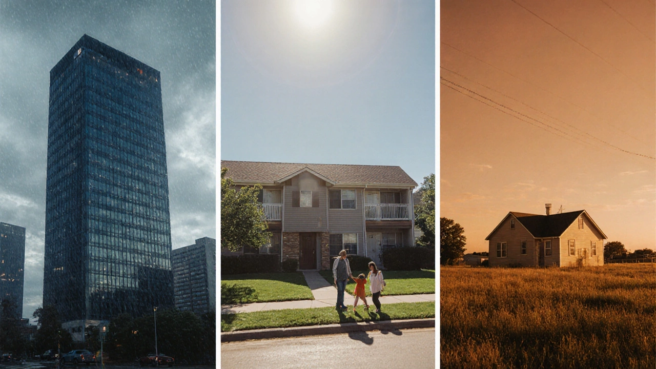 Three side‑by‑side neighborhoods—Seattle high‑rise, Dallas suburb, Mississippi farmhouse—showing regional housing variety.
