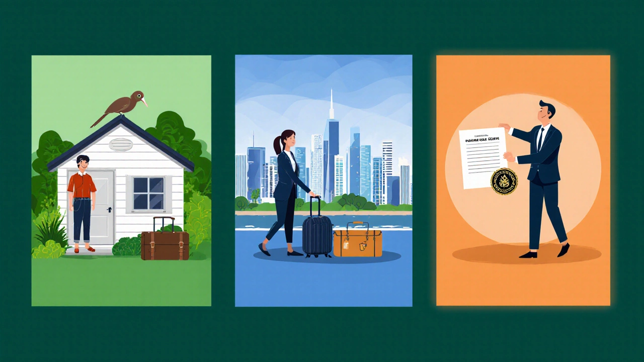Three side‑by‑side scenes showing resident, non‑resident, and overseas person categories.