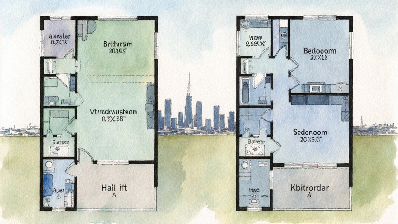 Watercolor side‑by‑side floor plans of a 2 BHK and a 3 BHK with pastel‑shaded rooms and a faint Auckland skyline.