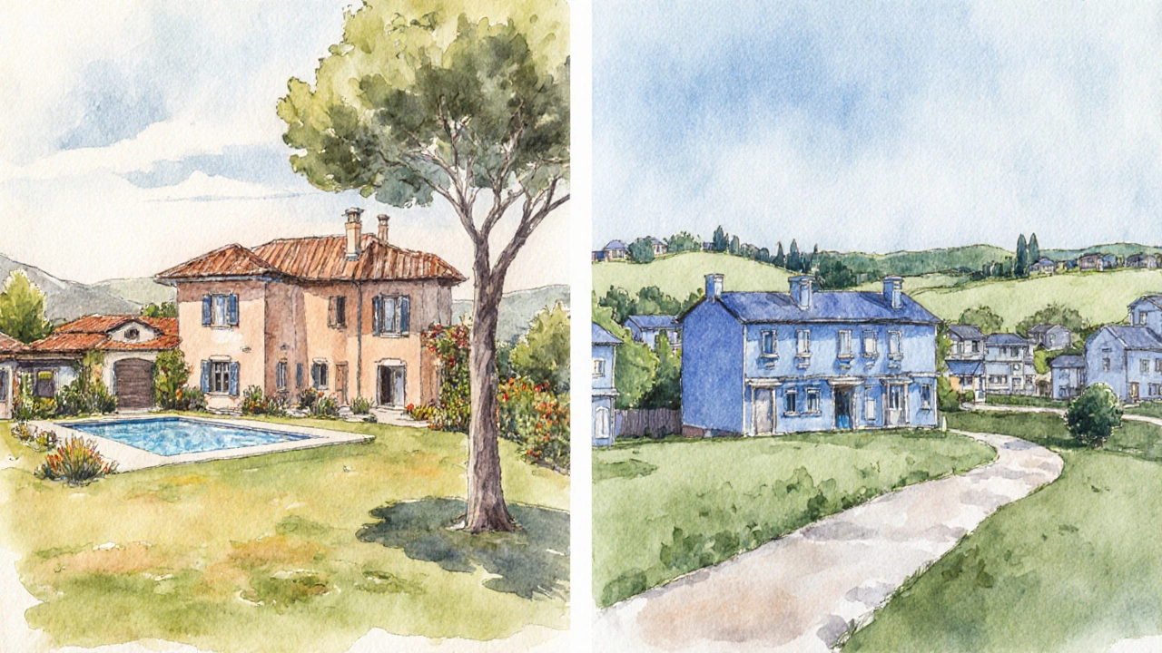 Watercolor split scene contrasting a large villa with a smaller townhouse and surroundings.